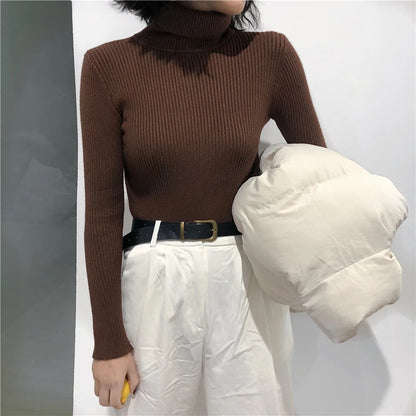 2025 herbst Winter Dicken Pullover Frauen Gestrickte Rippen Pullover Pullover Langarm Rollkragen Schlank Jumper Weiche Warme Pull Femme