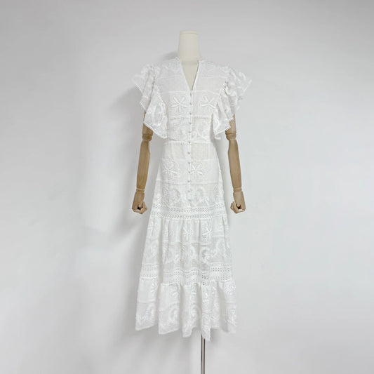 New Summer Elegant Embroidered Flowers Lotus Sleeves V-neck Woman Dress Lady Cotton Casual Dress