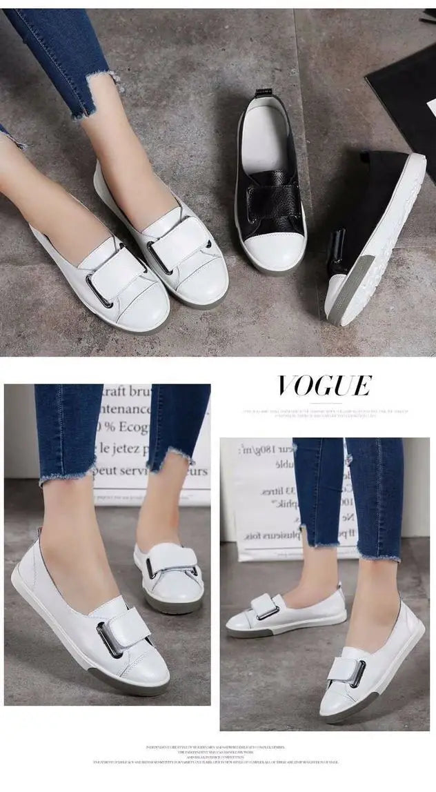 WOIZGIC Women Ladies Female Student Genuine Leather Casual Shoes White Flats Korean Vulcanized Shoes Spring 35-41 DF-YC259.