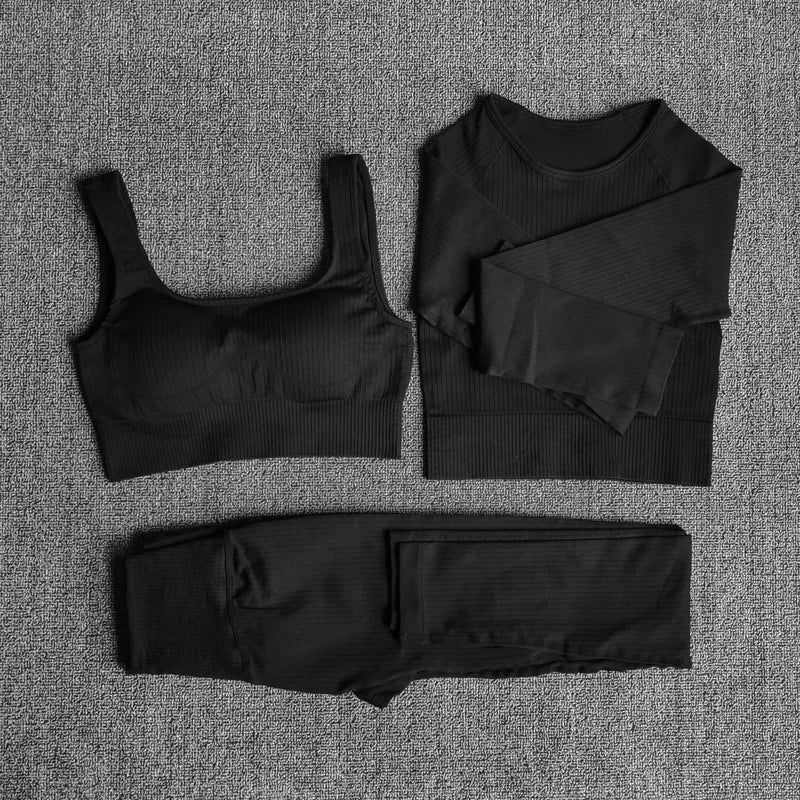 Women Seamless Fitness Yoga Suit Knitt Workout Long Sleeve Crop Top Sports Bra High Waist Running Leggings Gym Clothing 2/3Pcs