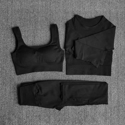 Women Seamless Fitness Yoga Suit Knitt Workout Long Sleeve Crop Top Sports Bra High Waist Running Leggings Gym Clothing 2/3Pcs