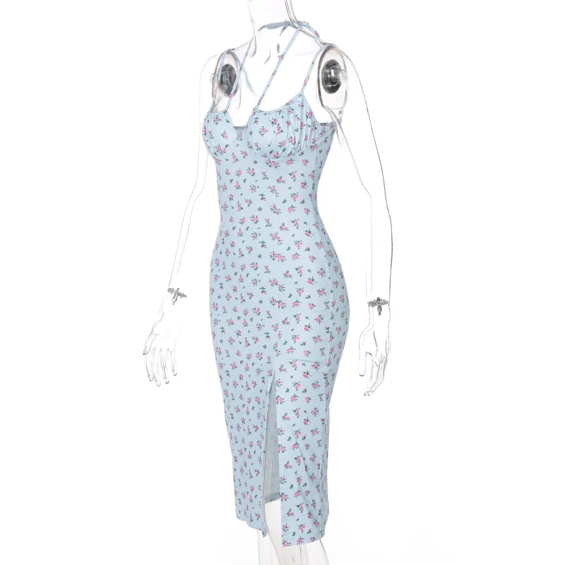 Hugcitar 2025, ärmellos, Satin, Slip, Blumenmuster, gerüscht, Bandage, Ausschnitt, Maxikleid, Frühling, Damenmode, sexy Party, Club, Robe Kpytomoa.