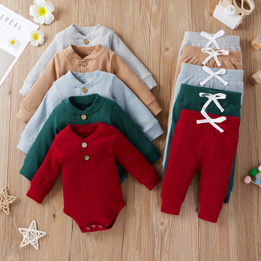 16 Colors Baby Solid Knit Sets Newborn Infant Girls Boys Fall Winter Long Sleeve Romper + Elastic Pants Toddler Outfit 0-24M.