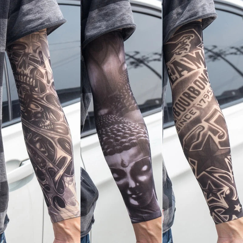 3PCS/lot new mixed 100%Nylon elastic Fake temporary tattoo sleeve skull wolf totem dragon designs body Arm stockings cool men.