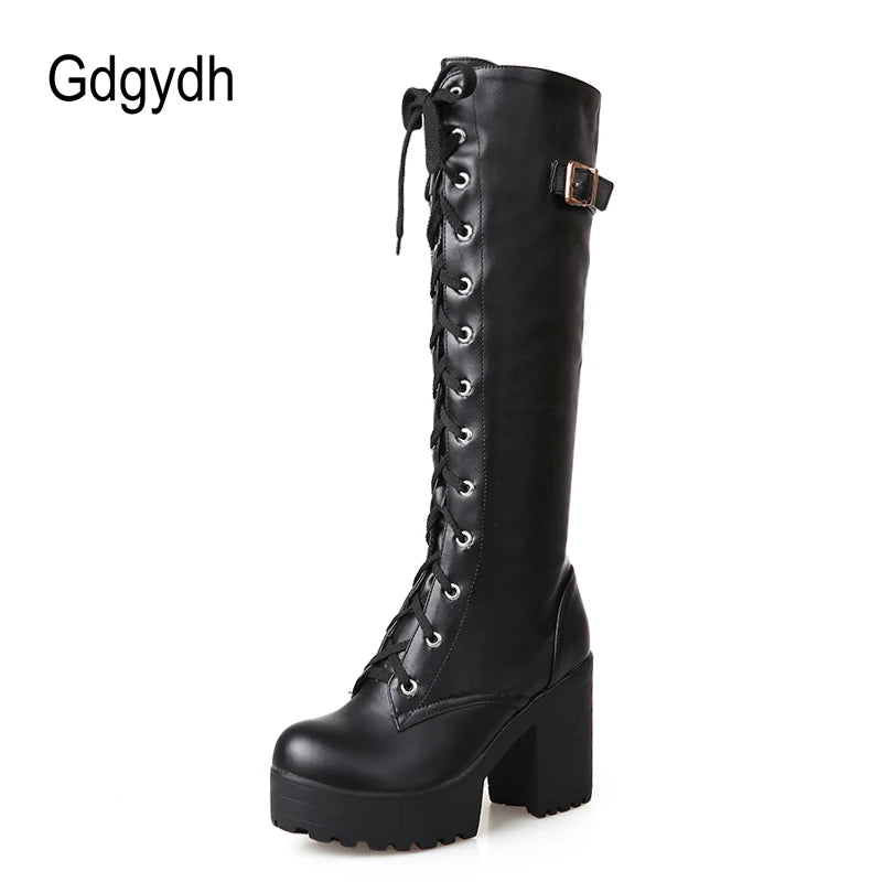 Gdgydh Hot Sale Spring Autumn Lacing Knee High Boots Women Fashion White Square Heel Woman Leather Shoes Winter PU Large Size 43.