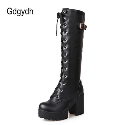 Gdgydh Hot Sale Spring Autumn Lacing Knee High Boots Women Fashion White Square Heel Woman Leather Shoes Winter PU Large Size 43.