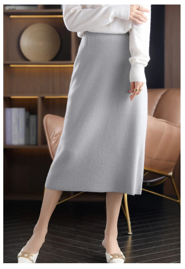 2024 Autumn Winter New 100%Pure Wool Knit Long Skirt Women Casual Thick Korean High Waist Pack Hip Cashmere Wild A-Line Skirt