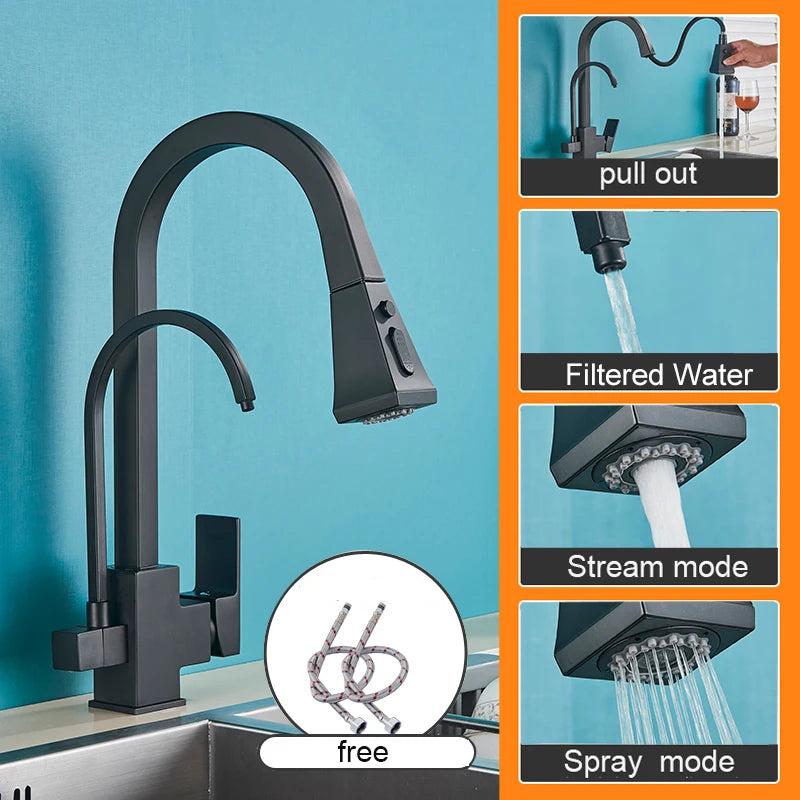 Matte Black Pure Water Filter Kitchen Faucet Dual Handle Hot and Cold Drinking Water Pull Out  Kitchen Mixer Taps