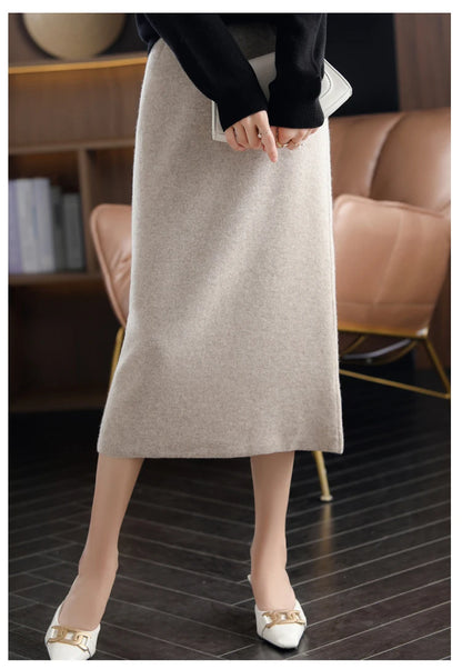 2024 Autumn Winter New 100%Pure Wool Knit Long Skirt Women Casual Thick Korean High Waist Pack Hip Cashmere Wild A-Line Skirt.