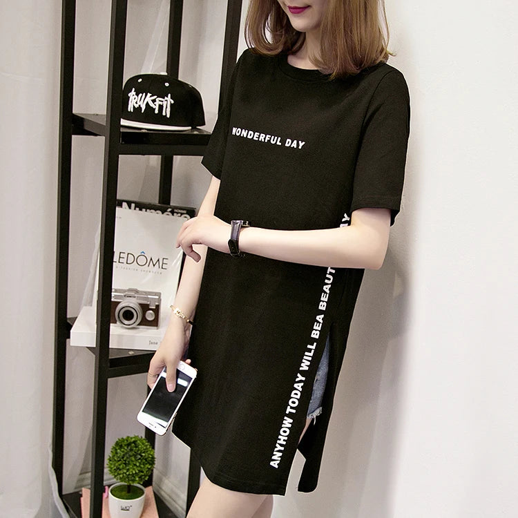 WONDERFUL DAY Print Long T shirts Summer Women Loose Slit Femme Tops  Tshirt Short sleeve Ladies t-shirt.