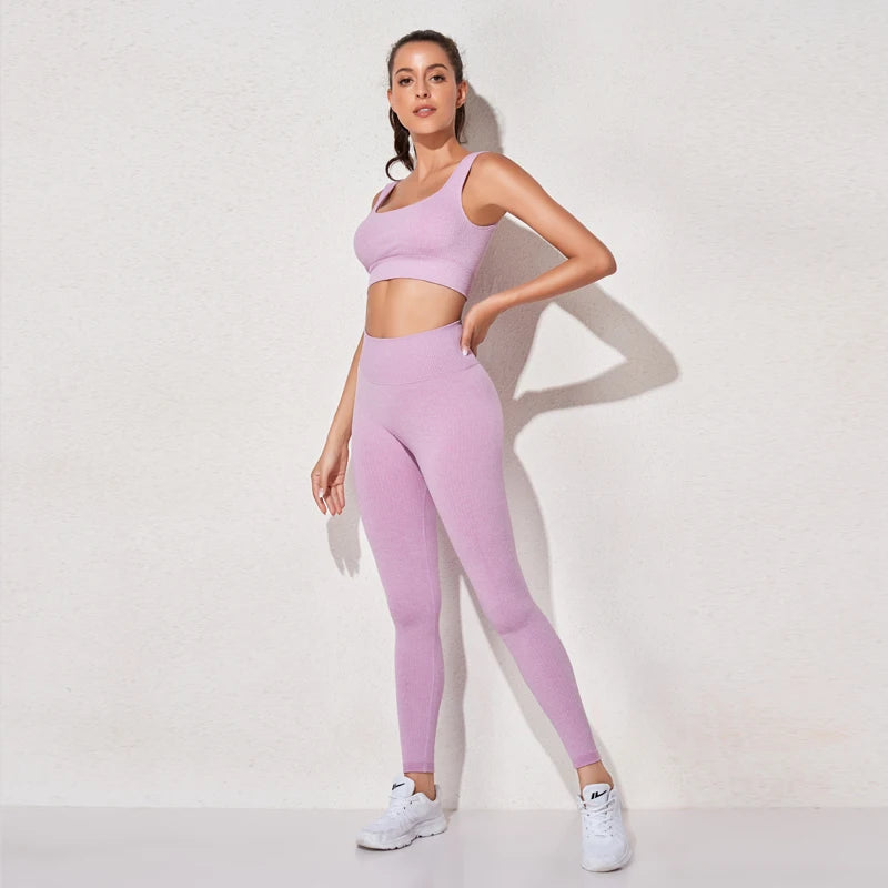 Women's Sportswear Yoga Set Workout Clothes Athletic Wear Sports Gym Legging Seamless Fitness Bra Crop Top Long Sleeve Yoga Suit.