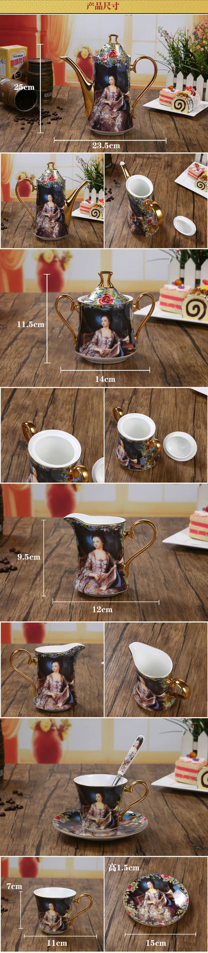 Bone Coffee Sets Vintage Porcelain Tea Set Luxury Ceramic Coffee Pot Coffee Cups And Saucers Sugar Bowl Milk Jug Wedding Gift.