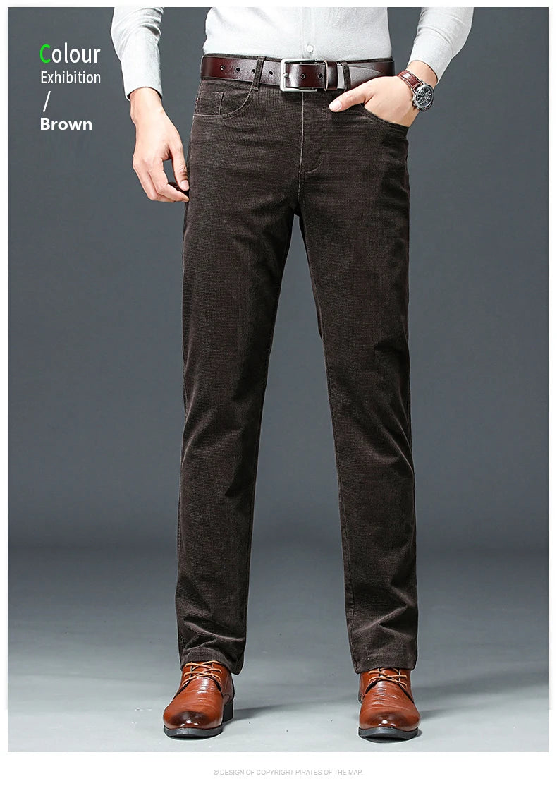 Spring Autumn New Men Pants Corduroy Fabric Comfortable Soft Casual Business Office Male Trousers Khaki Apricot Black Blue.