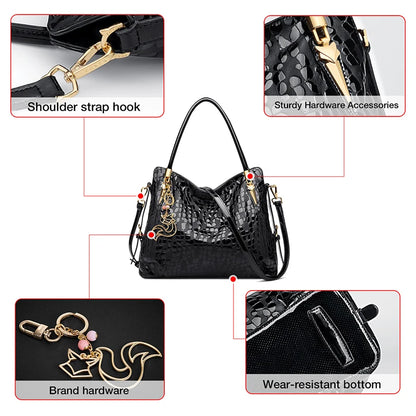 FOXER Women Natural Cow Leather Handbag Large Capacity Classic Black Genuine Leather Tote Lady Stylish Sequin Shoulder Bag.