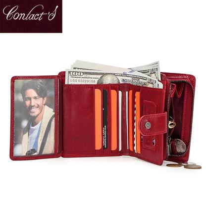 Contact'S Genuine Leather Wallets Women Men Wallet Short Small RFID Blocking Card Holder Wallets Ladies Red Coin Purse.