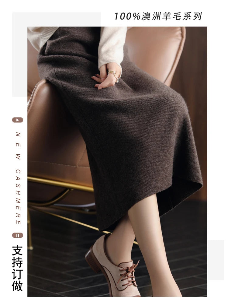 2024 Autumn Winter New 100%Pure Wool Knit Long Skirt Women Casual Thick Korean High Waist Pack Hip Cashmere Wild A-Line Skirt.