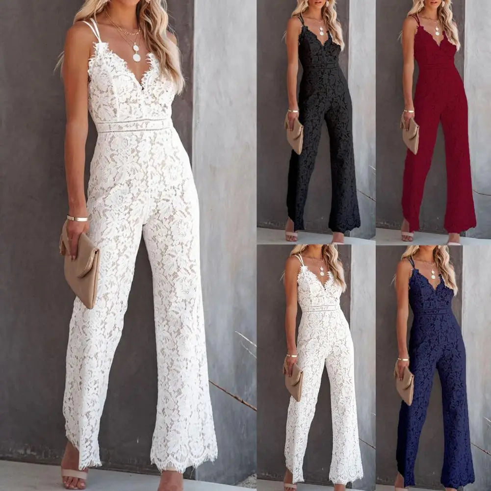 Solid Lace Jumpsuits Women Sleeveless Romper High Waist V-Neck Wide Leg Playsuits and Jumpsuit Women bodysuit Combinaison femme.