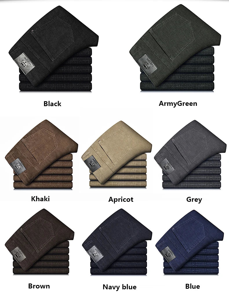 Spring Autumn New Men Pants Corduroy Fabric Comfortable Soft Casual Business Office Male Trousers Khaki Apricot Black Blue.