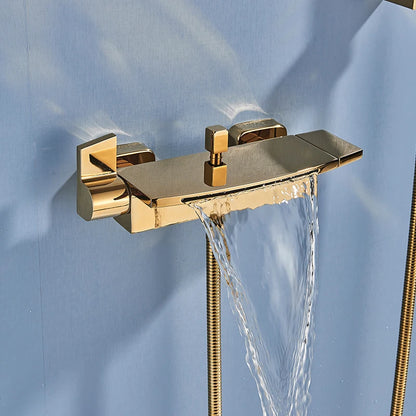 Black Waterfall Shower Faucet Bathroom Wall Mounted Bathtub Shower Faucets Dual Handles Hot Cold Water Mixer Tap with Handshower