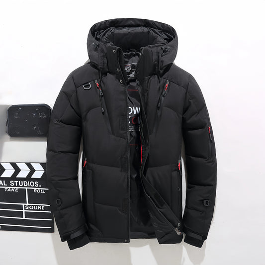 Customized logo Men's White Duck Down Jacket, Warm Hooded Thick Pufferfish Jacket, Men's Casual Coat, Warm Canadian Winter.