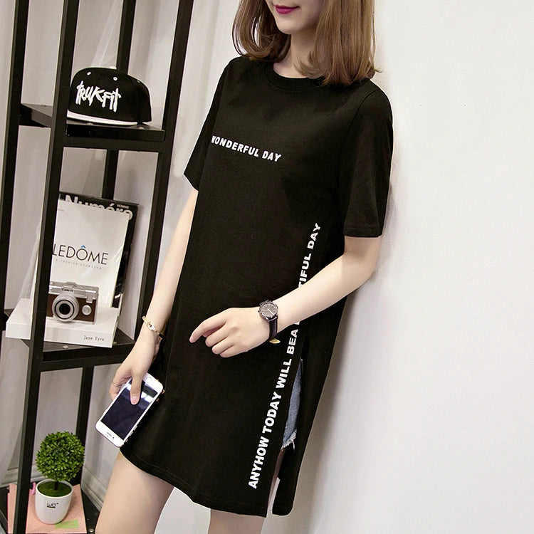 WONDERFUL DAY Print Long T shirts Summer Women Loose Slit Femme Tops  Tshirt Short sleeve Ladies t-shirt.