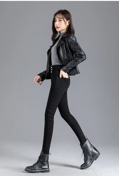 Thermische Winter Dicke Fleece High-taille Warme Dünne Jeans Dicke Frauen Stretch Taste Bleistift Hosen Mom Casual Samt Jeans