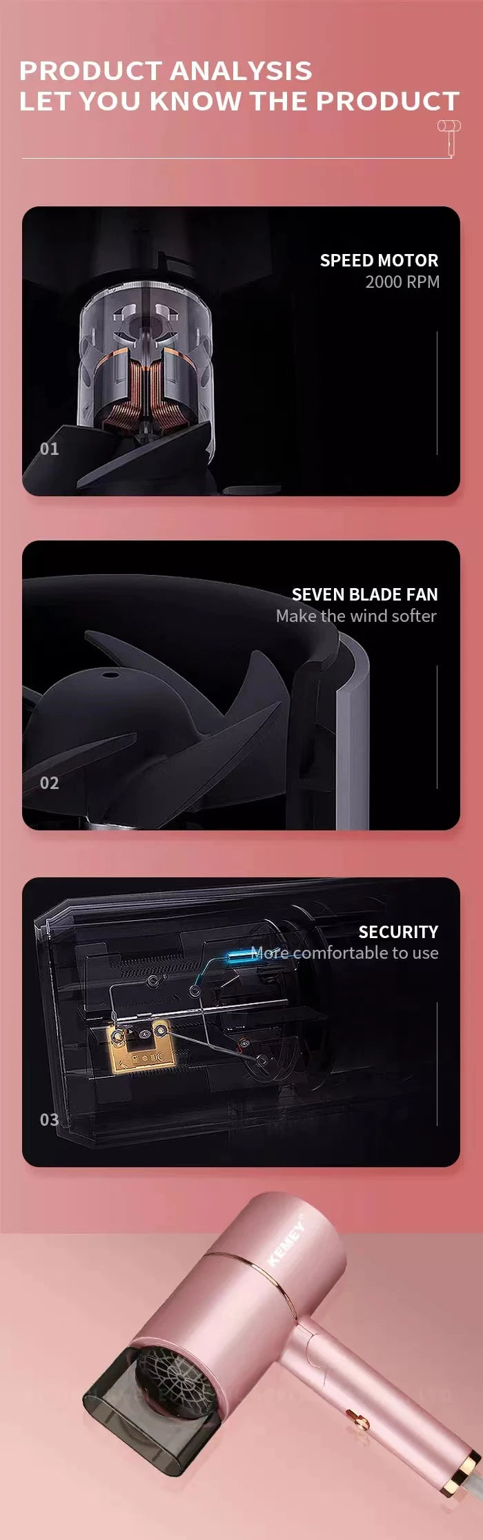 Kemei Professional Blow Dryer Negative Ion Smoother Hair Care Fast Drying Foldable Portable Pink Hair Dryer Home Travel Salon