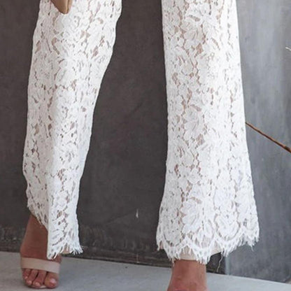 Solid Lace Jumpsuits Women Sleeveless Romper High Waist V-Neck Wide Leg Playsuits and Jumpsuit Women bodysuit Combinaison femme