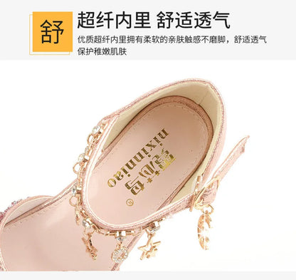 Girls Sandals Children Crystal Shoes 2023 Summer Kids Glitter Shoes High Heels Sequined Rhinestone Pendants Open Toes Princess.