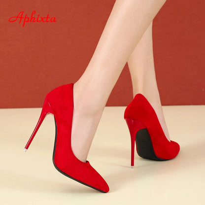Aphixta 12cm Super High Stiletto Heels Pumps Women Office Flock Pointed Toe Thin Heel Party Shoes Woman Plus Large Size 44 45