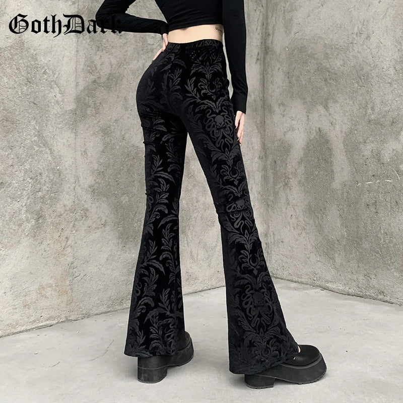 Goth Dark Vintage Floral Scratched Mall Gothic Pants Velvet High Waist Skinny Flare Trousers for Women Streetwear Cyber Y2K Pant.