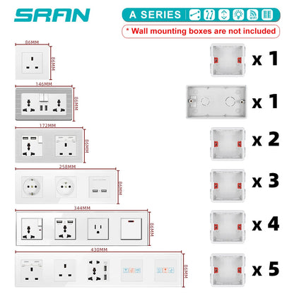 SRAN EU-Standard-Wandsteckdose mit USB und Typ-C 20 W Schnellladung, 5 V/2 A Doppelanschlüssen, 86 x 86 mm flammhemmendes Panel, CE-zertifiziert.