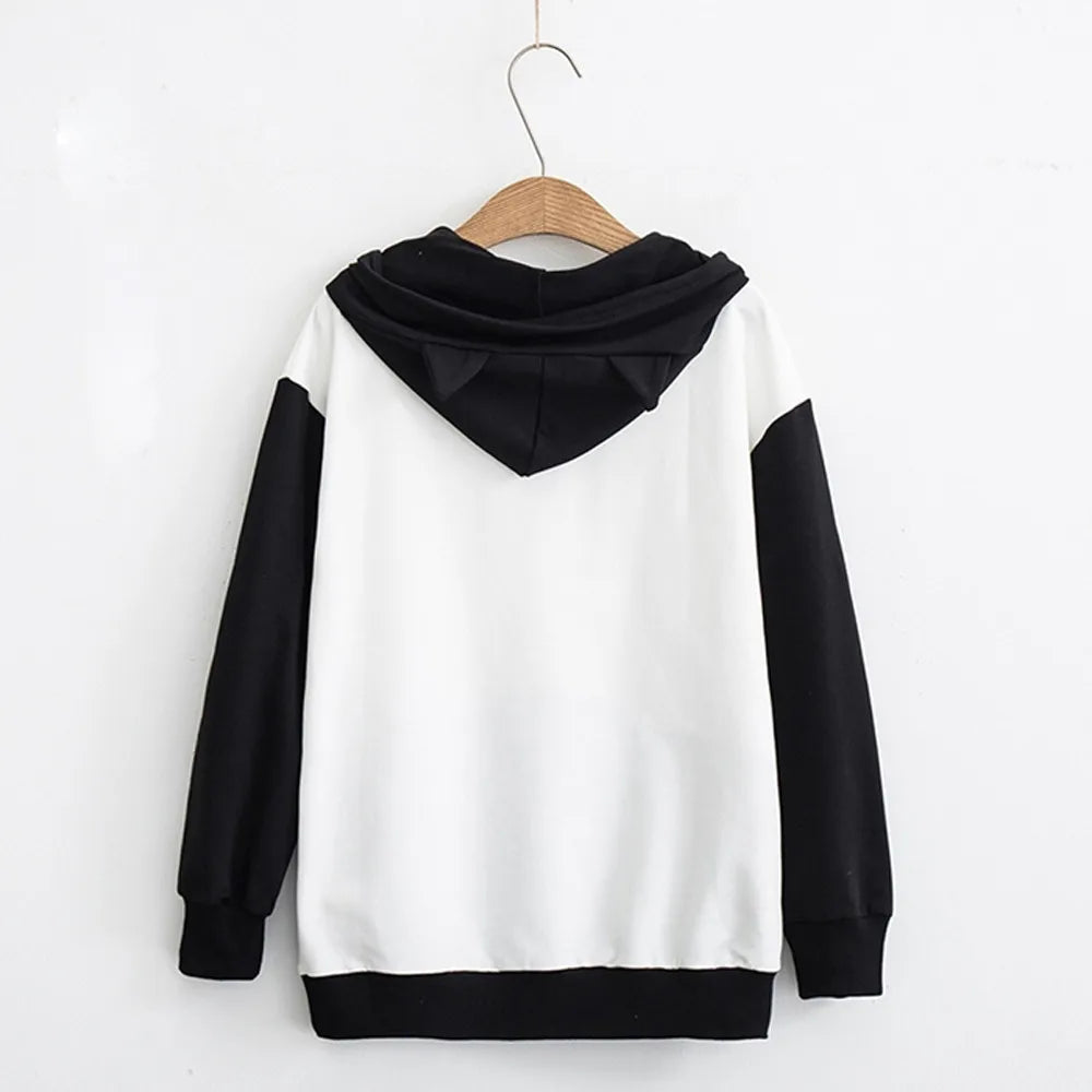 Spring Ladies Long Sleeve Cat Sweatshirt Womens Casual Kitty Cat Print Pocket Thin Hoodie Blouse Top Shirt худи женское платье.