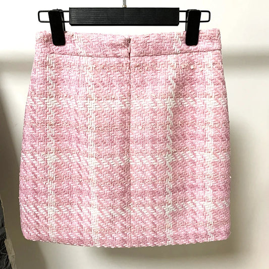 HIGH STREET Newest Fashion 2025 Designer Pink Skirts Women's Sweet Wool Blends Colors Woven Plaid Tweed Skirt.