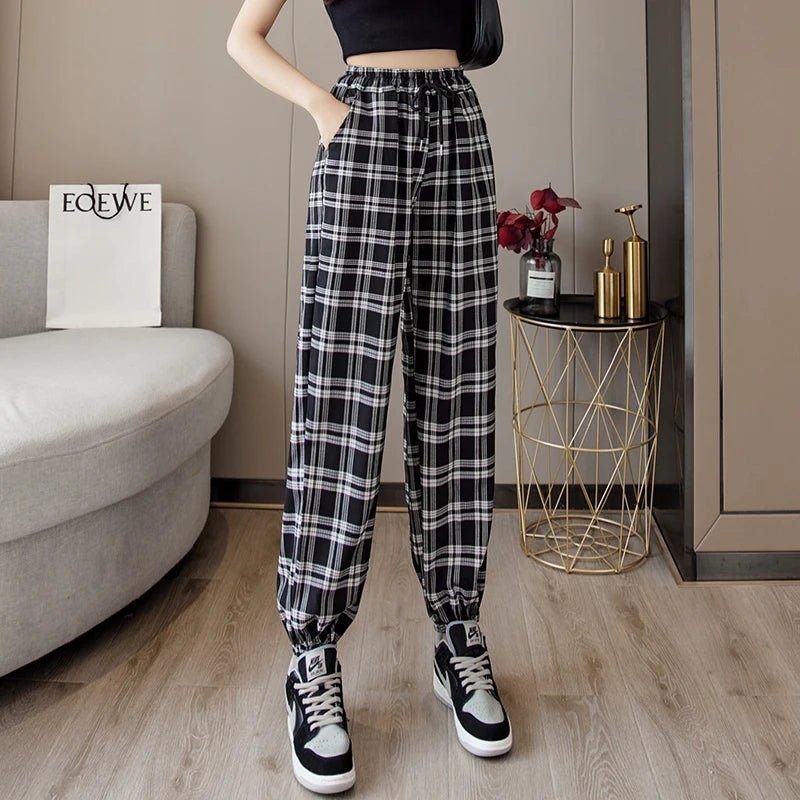 Hosen Frauen Neue Haufen füße Mode Lose Schwarz Plaid Sommer Harajuku Studenten Streetwear Harem Lange Hosen Frauen Chic.