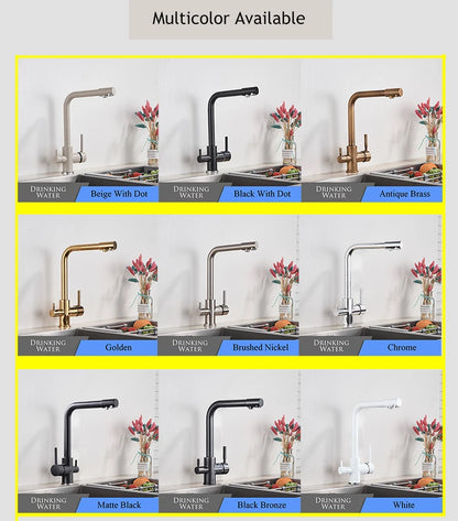 Filter Kitchen Faucet Chrome Drinking Pure Water Kitchen Tap Deck Mounted Dual Handles 3-Ways Hot and Cold Water Mixer
