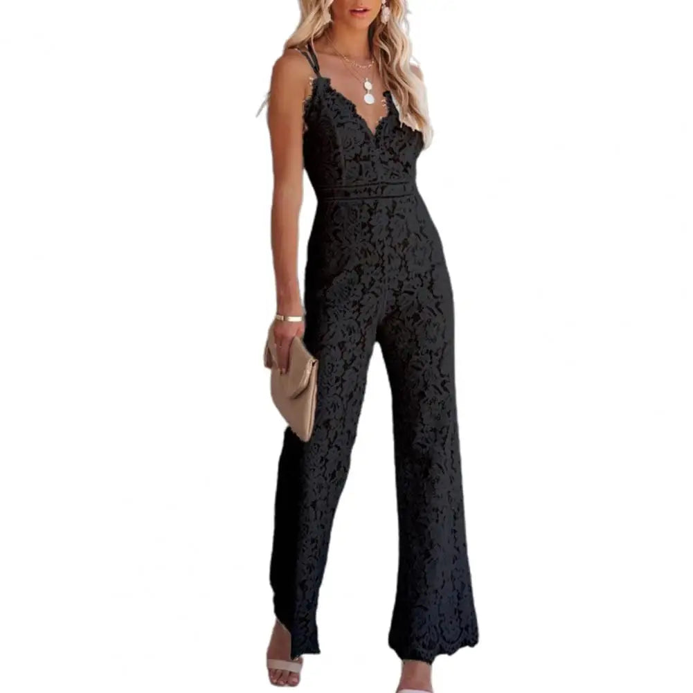Solid Lace Jumpsuits Women Sleeveless Romper High Waist V-Neck Wide Leg Playsuits and Jumpsuit Women bodysuit Combinaison femme.