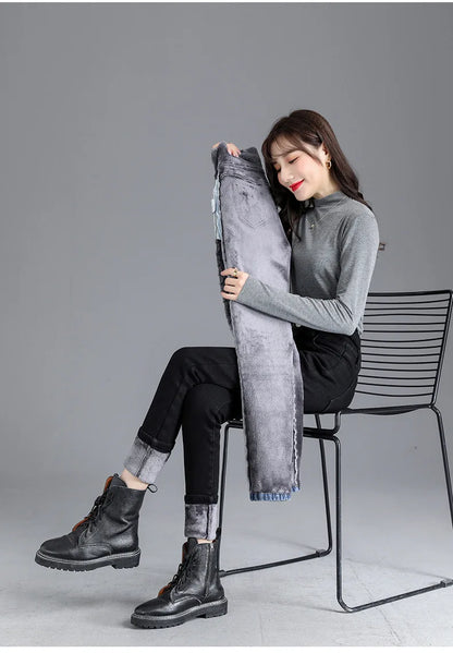 Thermische Winter Dicke Fleece High-taille Warme Dünne Jeans Dicke Frauen Stretch Taste Bleistift Hosen Mom Casual Samt Jeans