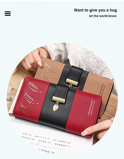 Hollow Leaves PU Leather Women's Long Wallet Fashion Female Coin Purses Hasp Zipper Clutch ID Credit Card Holders Money Bag Clip.