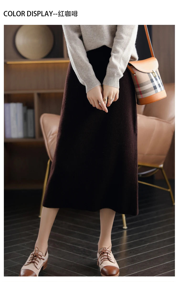 2024 Autumn Winter New 100%Pure Wool Knit Long Skirt Women Casual Thick Korean High Waist Pack Hip Cashmere Wild A-Line Skirt