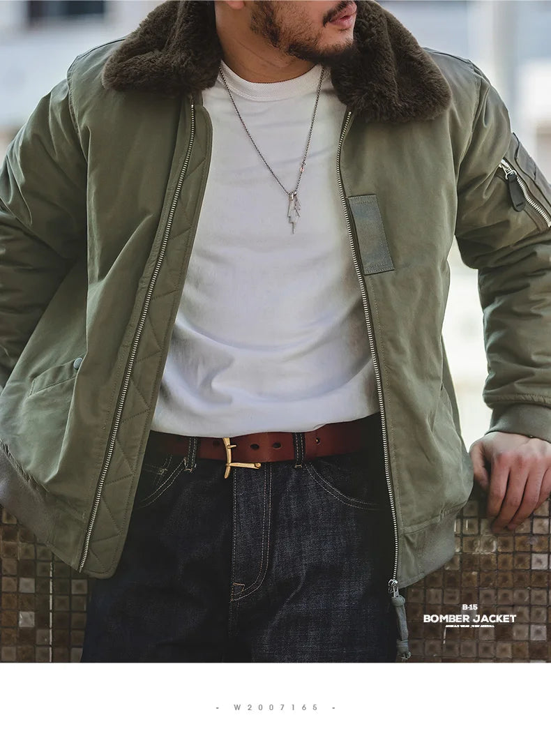 Maden Vintage B15 Bomber Jacket for Men Faux Rabbit Fur Lapel Signature Arm Pocket Winter Thickened Warm Windproof Coat Parkas.