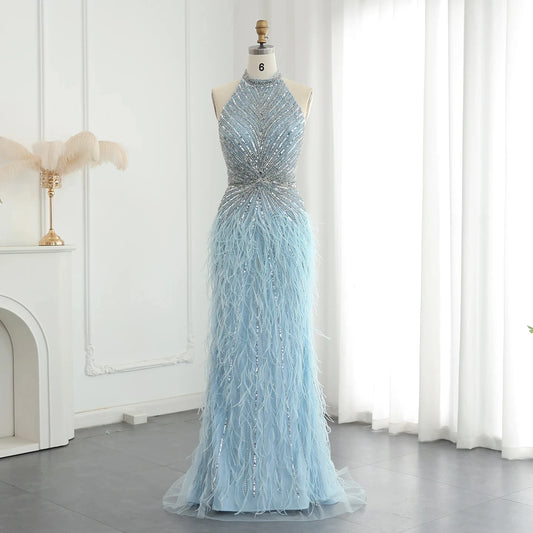 Luxury Beaded Feathers Mermaid Silver Gray Evening Dress Halter Backless Blue Beige Arabic Formal Party Gown SZ006