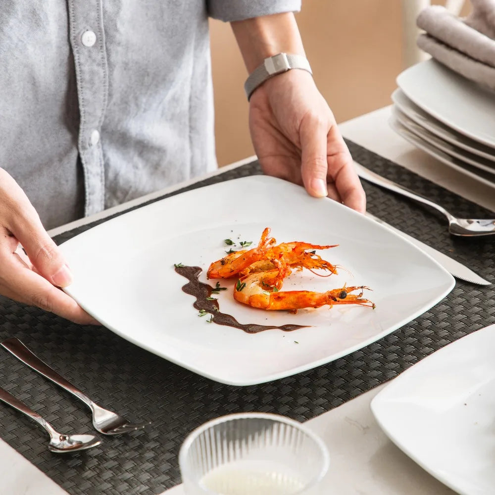 MALACASA 6/12 Piece White Square Porcelain Dinner Plate Set Dessert Plate Salad Fruit Beef Flat Plate Set (23.5 * 23.5 * 2cm).