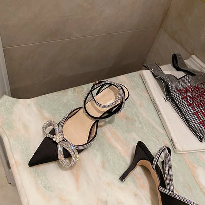 2025 New Fashion Glitter Rhinestones Women Pumps Crystal Bowknot Silk Pointed Toe Buckle Strap Thin High Heels Party Prom Shoes.