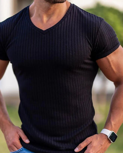 Men V Neck Short Sleeve T Shirt Fitness Slim Fit Sports Strips T-shirt Male Solid Fashion Tees Tops Summer Knitted Gym Clothing.