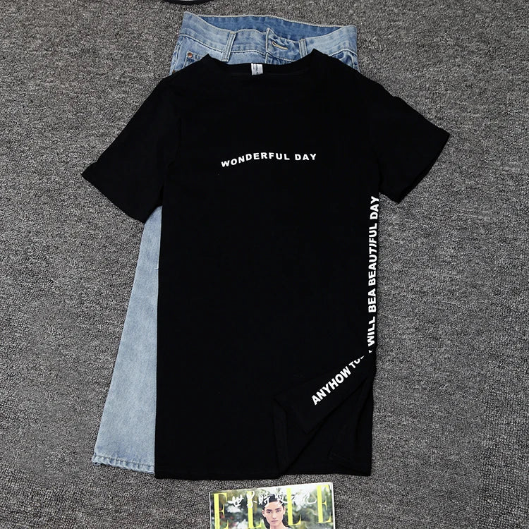 WONDERFUL DAY Print Long T shirts Summer Women Loose Slit Femme Tops  Tshirt Short sleeve Ladies t-shirt.