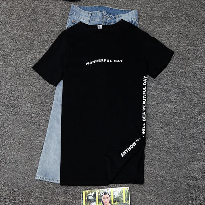 WONDERFUL DAY Print Long T shirts Summer Women Loose Slit Femme Tops  Tshirt Short sleeve Ladies t-shirt.
