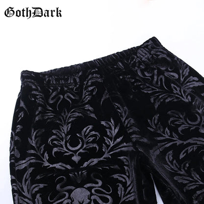 Goth Dark Vintage Floral Scratched Mall Gothic Pants Velvet High Waist Skinny Flare Trousers for Women Streetwear Cyber Y2K Pant.