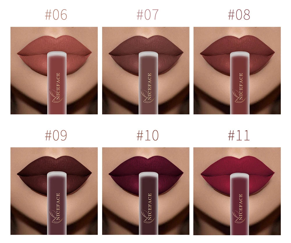 NICEFACE Matte Liquid Lipstick Waterproof Long Lasting Lip Gloss Tint Sexy Red Nude Purple Metallic Lipsticks Makeup Cosmetics.