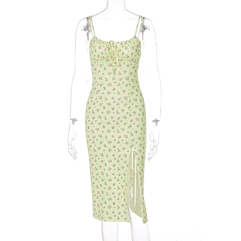 Hugcitar 2025, ärmellos, Satin, Slip, Blumenmuster, gerüscht, Bandage, Ausschnitt, Maxikleid, Frühling, Damenmode, sexy Party, Club, Robe Kpytomoa.